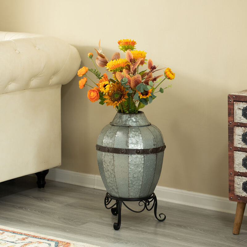Rustic Silver Galvanized Barrel Shape Planter and Vase with Metal Stand