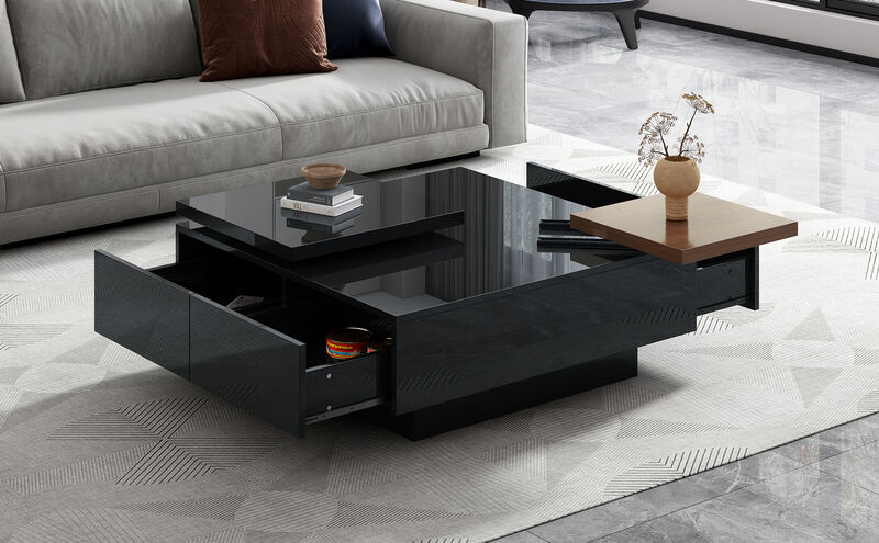 Movable Top Coffee Table with High-Gloss Finish and 4 Hidden Drawers Modern Living Room Storage Table