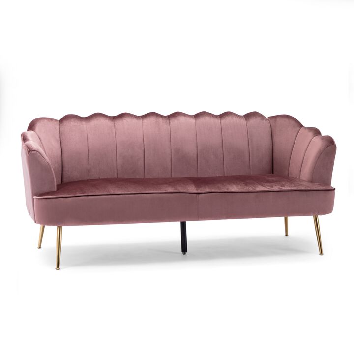 Nika Sofa, 3 Seater, Channel Stitching, 76 Inch, Blush Pink Velvet - Benzara
