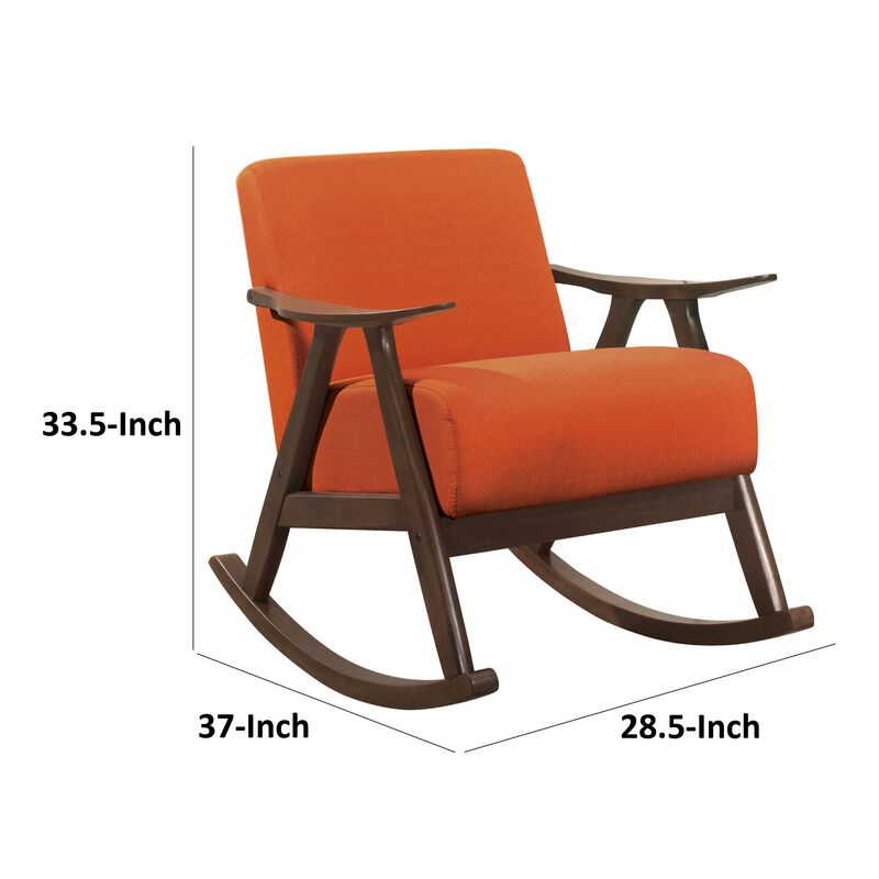 Tim 37 Inch Rocking Armchair, Orange Polyester, Walnut Brown Solid Wood - Benzara