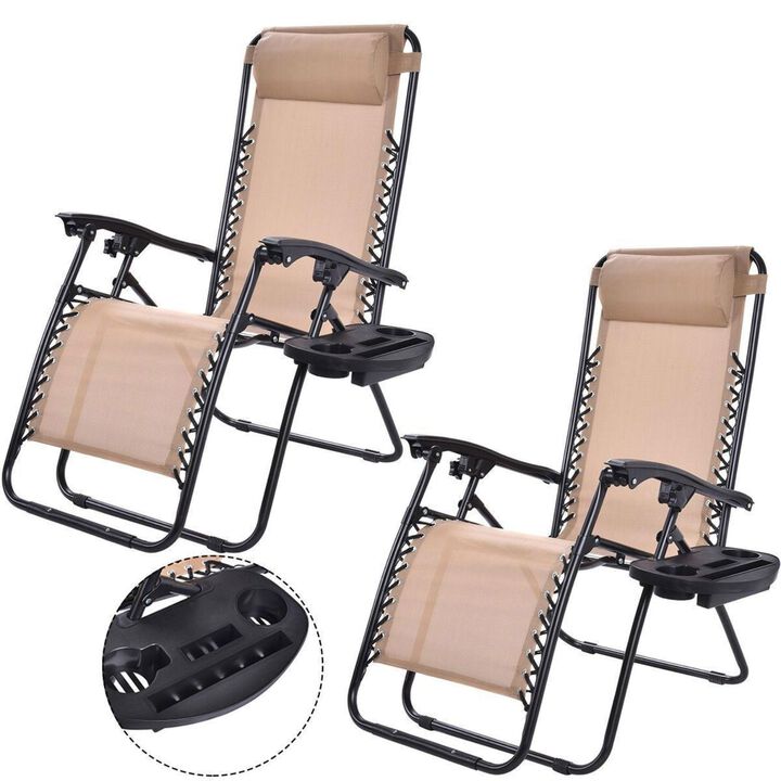 Hivvago Set of 2 Beige Folding Outdoor Zero Gravity Lounge Chair Recliner