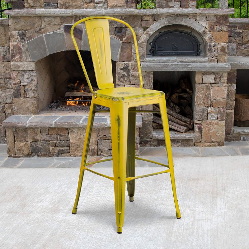 Flash Furniture Commercial Grade 30" High Distressed Yellow Metal Indoor-Outdoor Barstool with Back