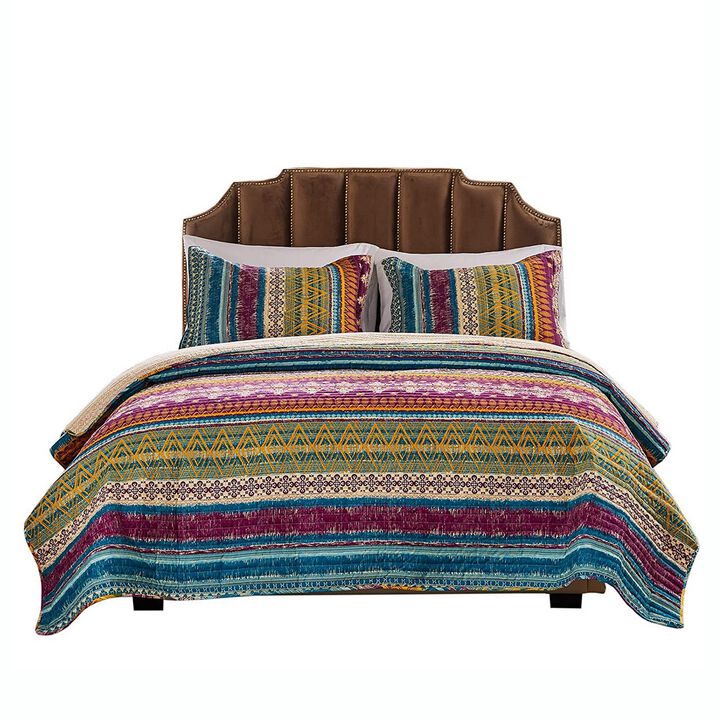 Tribal Motif Print Cotton Twin Quilt Set with 1 Pillow Sham, Multicolor - Benzara