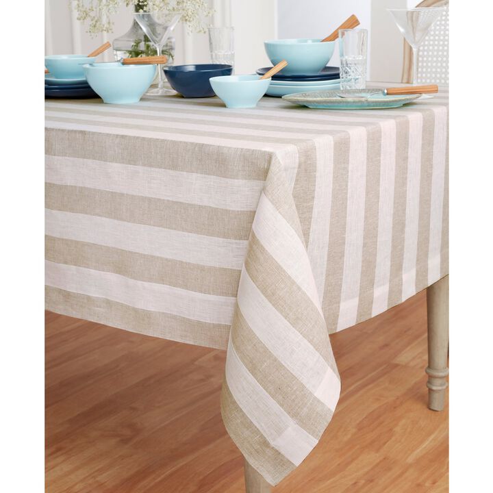 Solino Home 100% Pure Linen Tablecloth | Cabana Stripe for Thanksgiving, Christmas