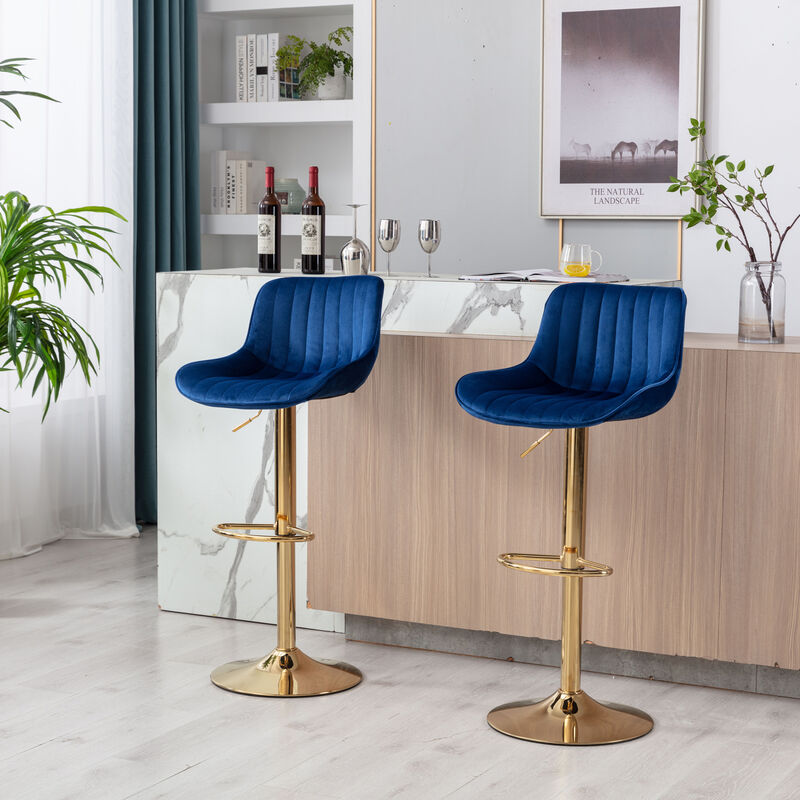 Chrome Footrest and Base Swivel Height Adjustable Mechanical Lifting Velvet + Golden Leg Simple Bar Stool, Set of 2, Navy