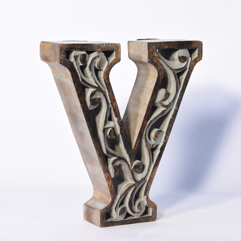 Vintage Gray Handmade Eco-Friendly "V" Alphabet Letter Block For Wall Mount & Table Top D�cor