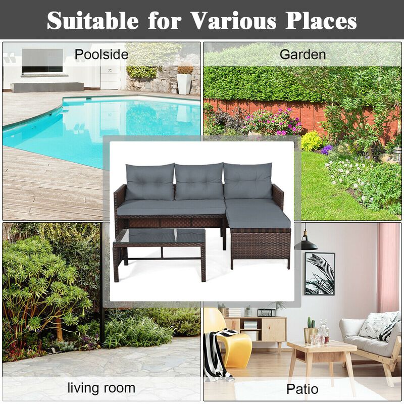 3 Pieces Outdoor Patio Corner Rattan Sofa Set-Grey