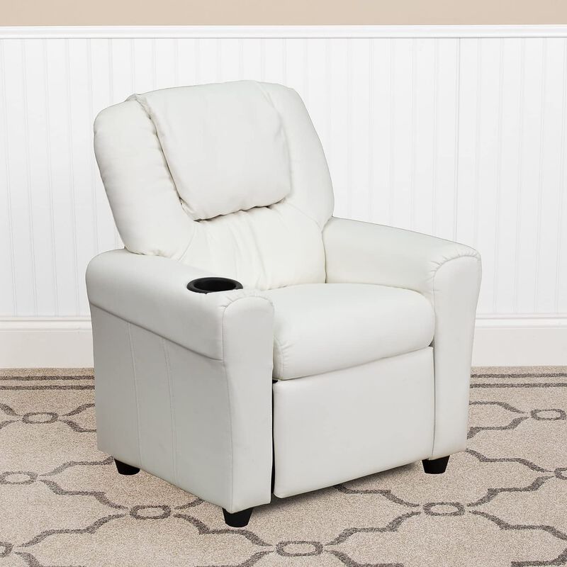 Flash Furniture Vana Vinyl Kids Recliner with Cup Holder, Headrest, and Safety Recline, Contemporary Reclining Chair for Kids, Supports up to 90 lbs., White