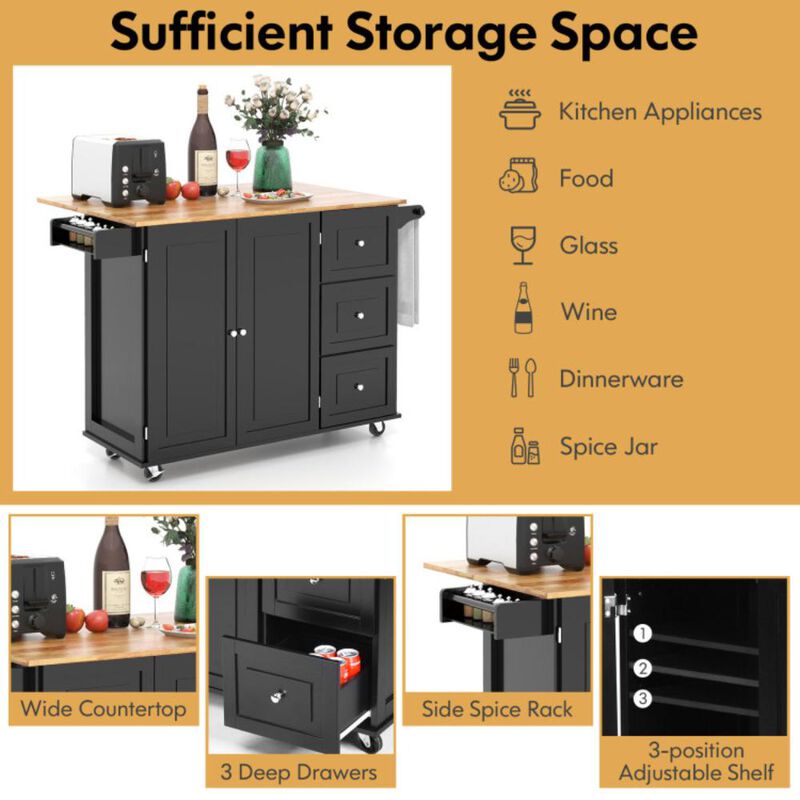 Hivvago Kitchen Island Trolley Cart Wood with Drop-Leaf Tabletop and Storage Cabinet