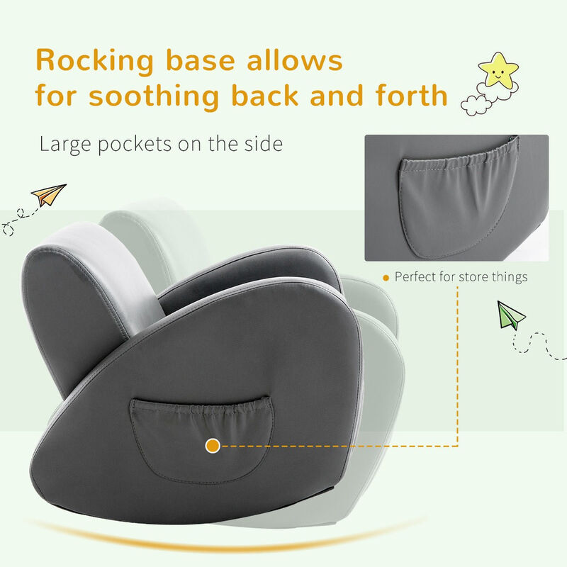Comfy Kids' Rocker: Grey PU Leather Toddler Chair with Pocket