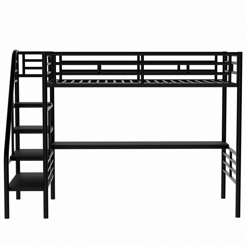 Metal Loft Bed Frame With Desk, No Box Spring Needed, Twin