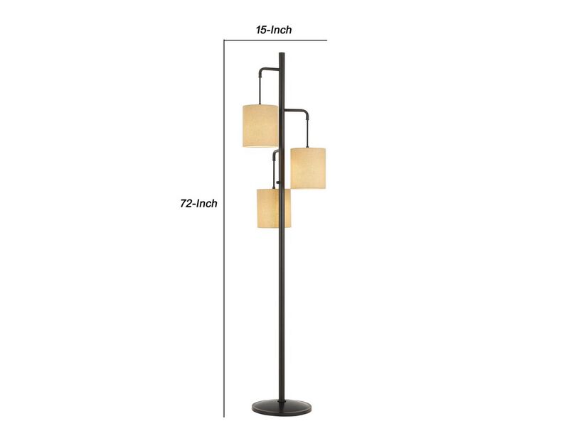 3 Light Lantern Design Metal Floor Lamp with Fabric Shades, Black and Beige - Benzara
