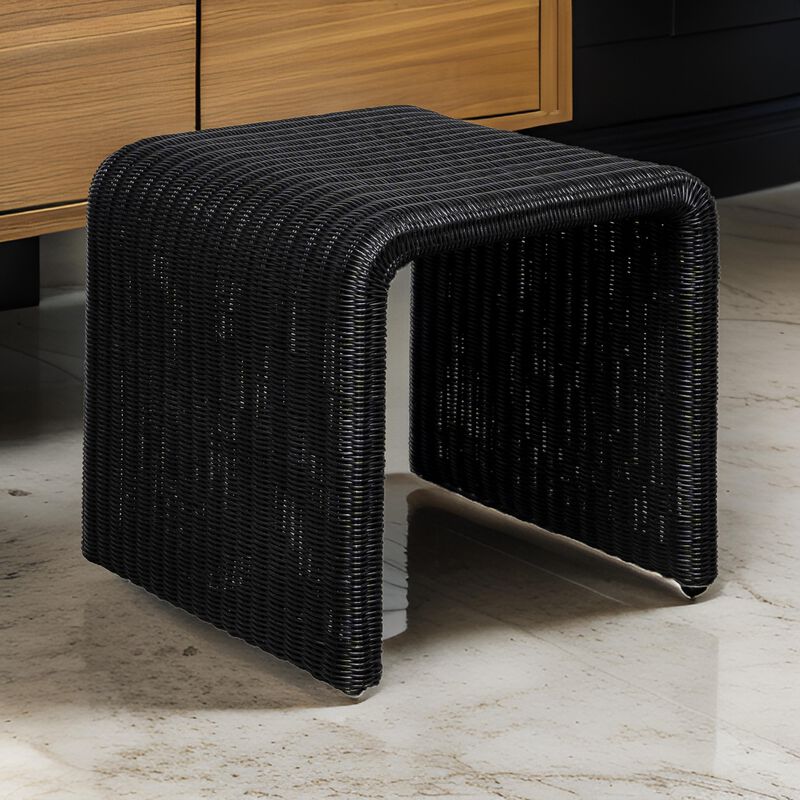 Gigi 22 Inch Side End Table, Black Woven Rattan, Square Waterfall Edges - Benzara