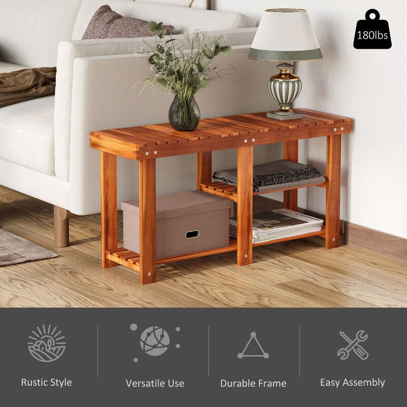 Teak Entryway Organizer: 3-Tier Acacia Wood Shoe Storage Bench