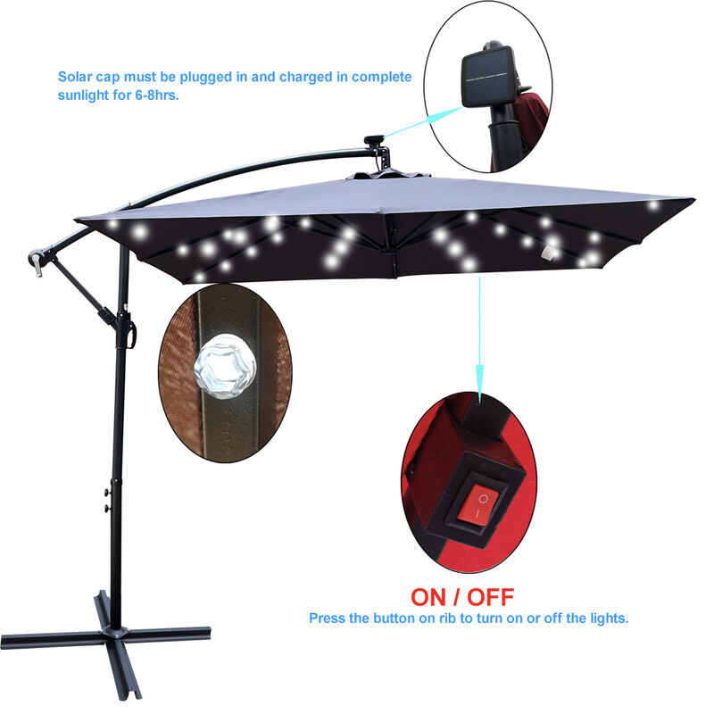 Solar Powered LED Patio Umbrella with Crank & Base