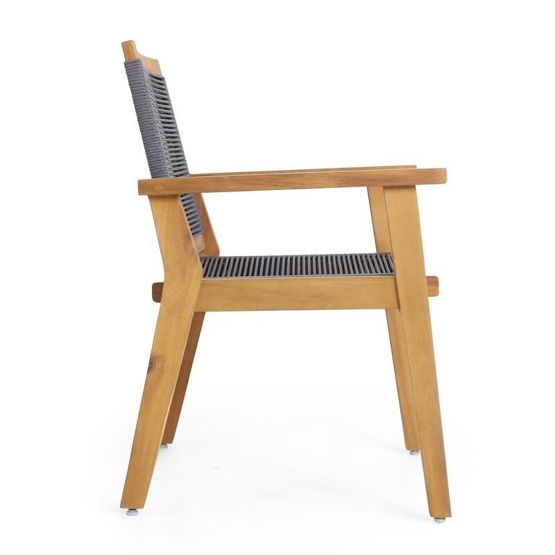 Outdoor Dining Chair Set of 2, 35 Inch Gray Woven, Brown Acacia Wood - Benzara