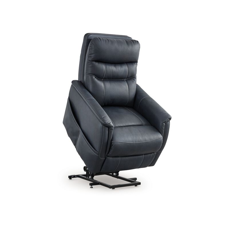 Barrett Power Lift Recliner Chair, Navy Blue Faux Leather, Pillow Back - Benzara