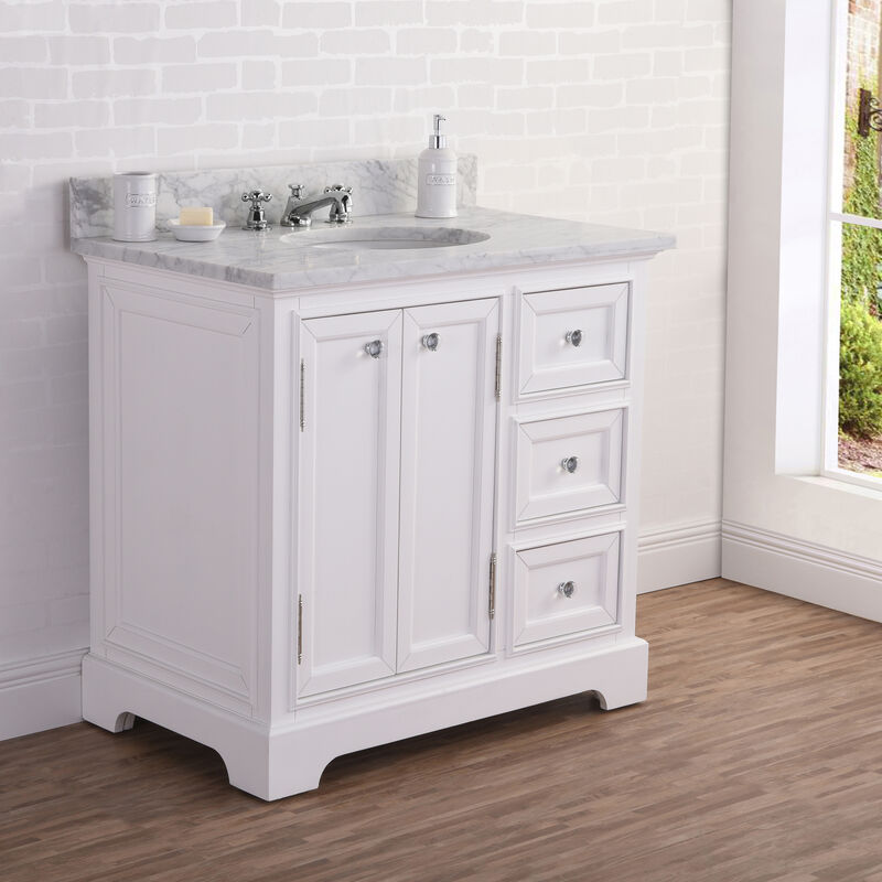 Derby 36 In. Single Sink Carrara White Marble Countertop Bath Vanity In Pure White