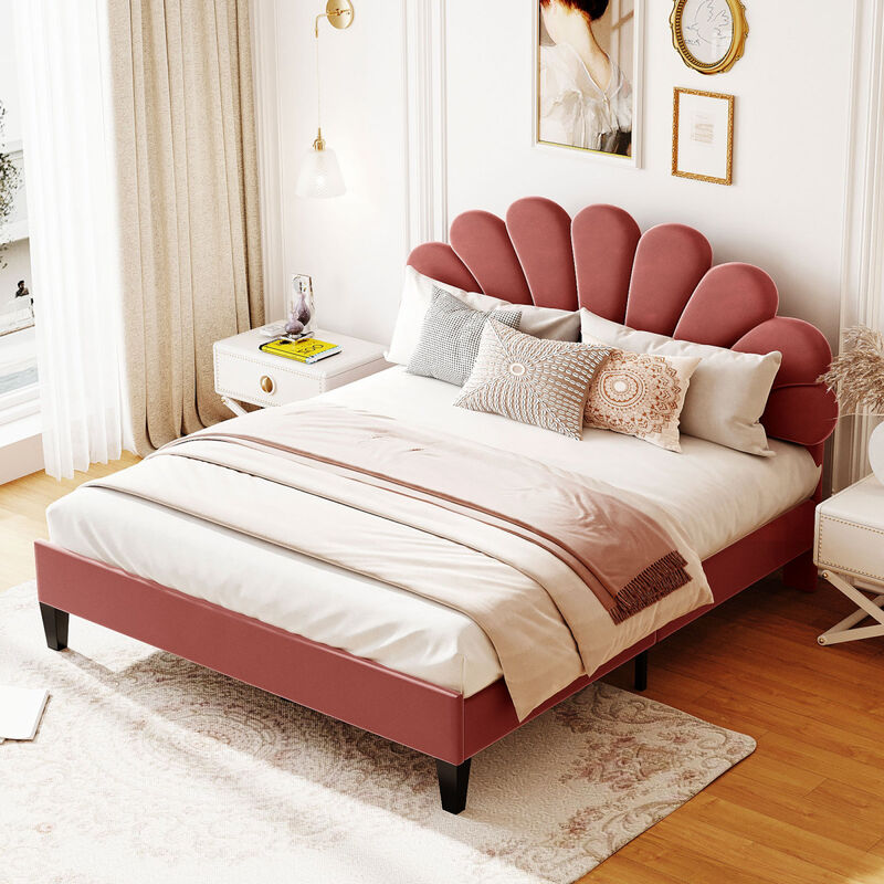 Queen Size Upholstered Platform Bed With Flower Pattern Velvet Headboard, Bean Paste