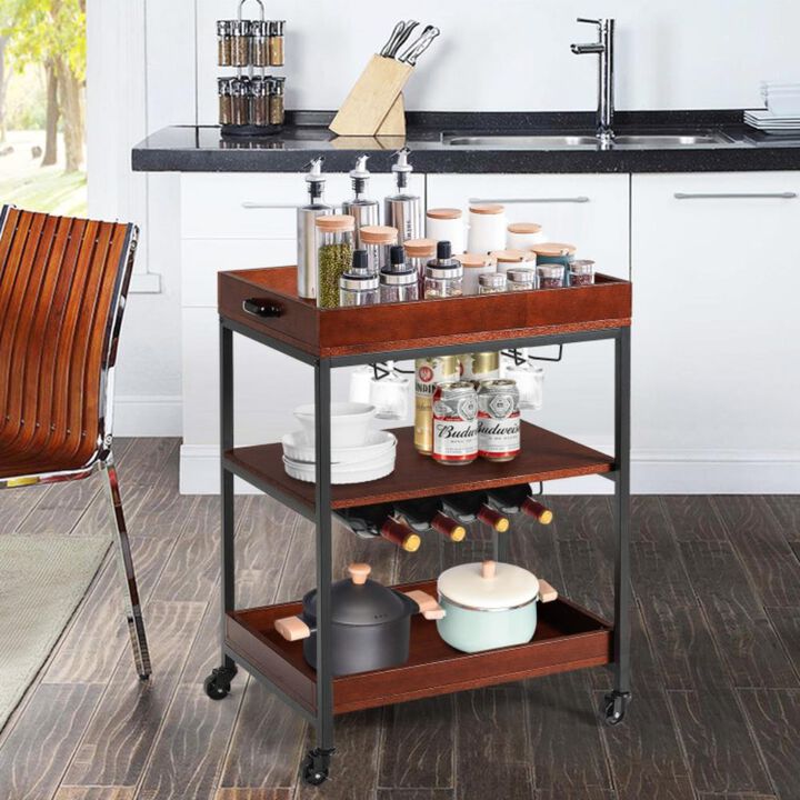 Hivvago 3 Tiers Kitchen Island Serving Bar Cart with Glasses Holder and Wine Bottle Rack