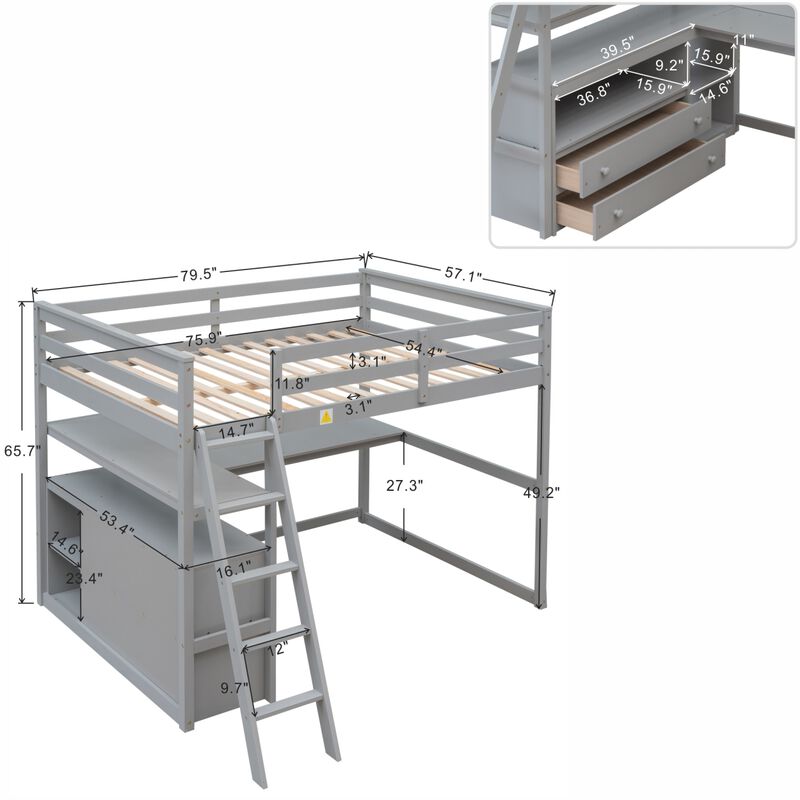 Full Size Loft Bed With Desk And Shelves, Two Built-In Drawers