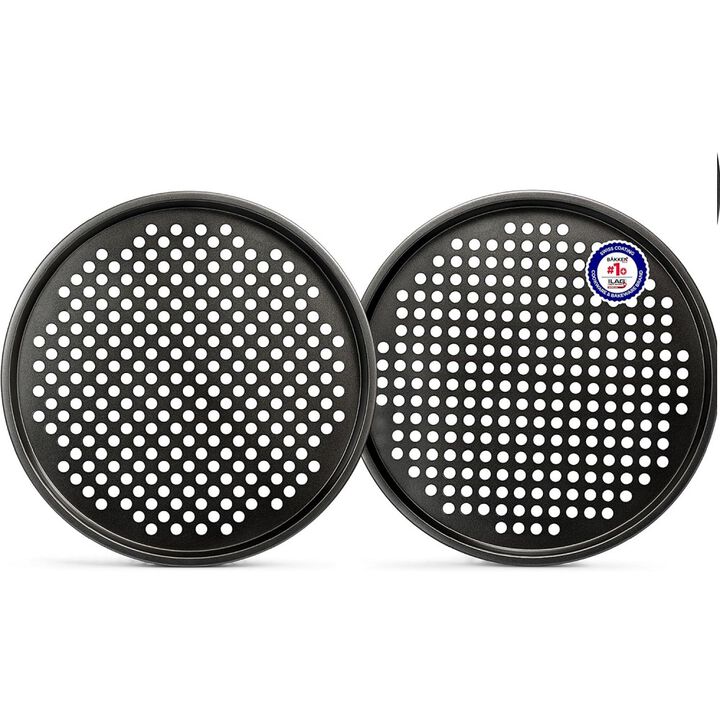 BAKKENMASTER Bakken- Swiss Non-Stick Pizza Pan with Holes - 13-Inch Perforated Pizza Crisper Carbon Steel Pizza Pan - 2 Round Pizza Trays - PFOA PFOS and PTFE Free