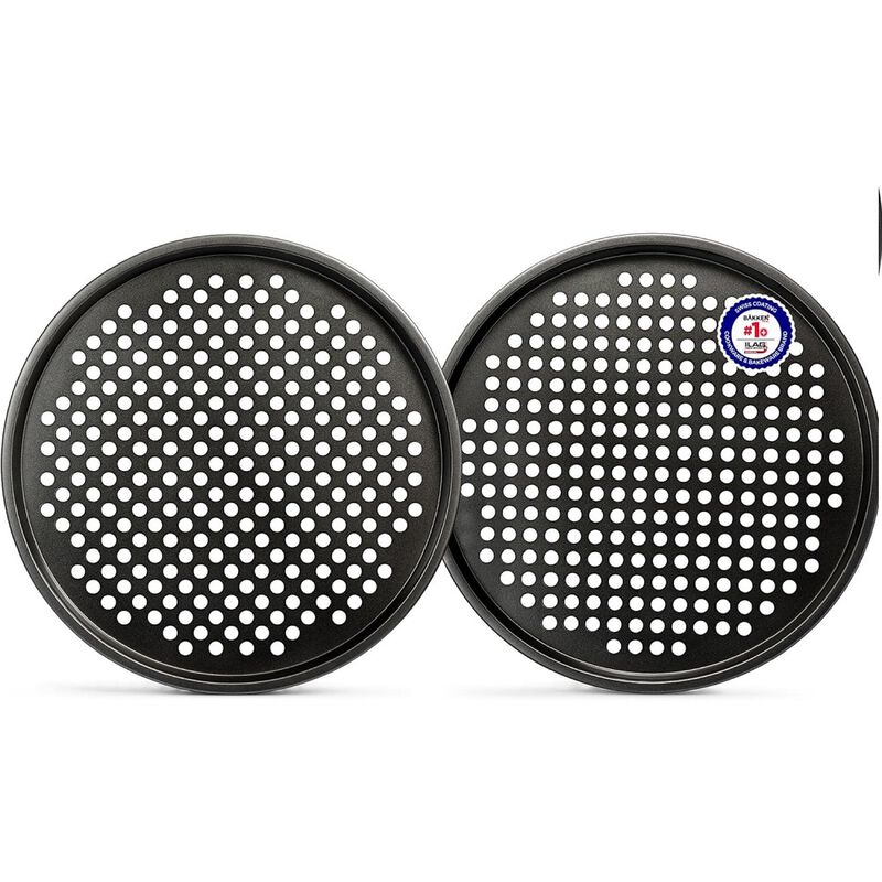 BAKKENMASTER Bakken- Swiss Non-Stick Pizza Pan with Holes - 13-Inch Perforated Pizza Crisper Carbon Steel Pizza Pan - 2 Round Pizza Trays - PFOA PFOS and PTFE Free
