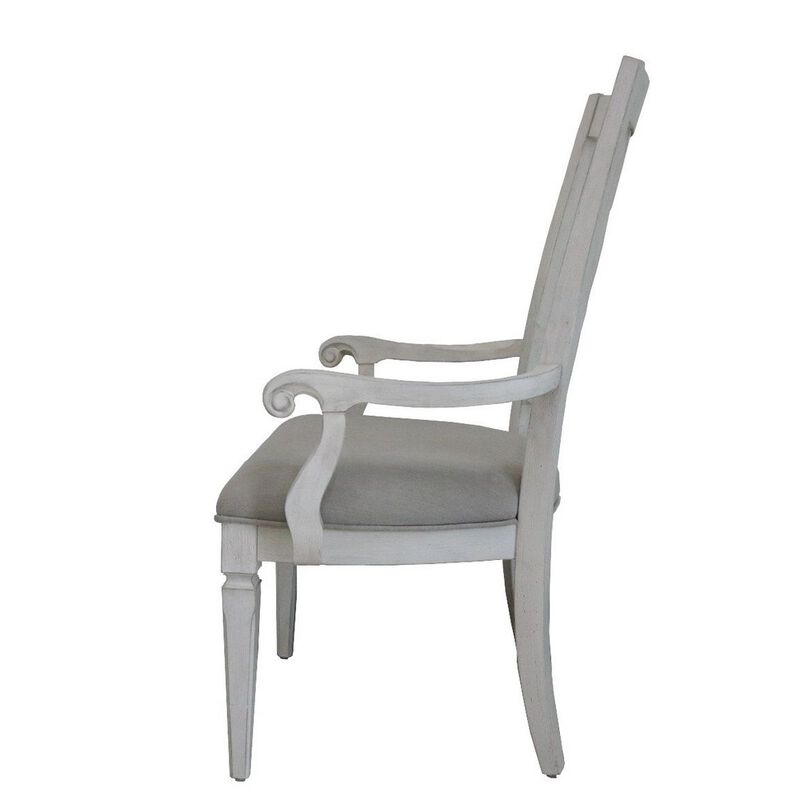 Kate 24 Inch Dining Armchair Set of 2, Light Gray Linen, White Wood Frame - Benzara