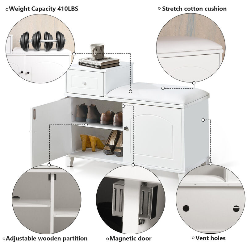 Fireproof Cushioned Shoe Storage Bench with Double Doors