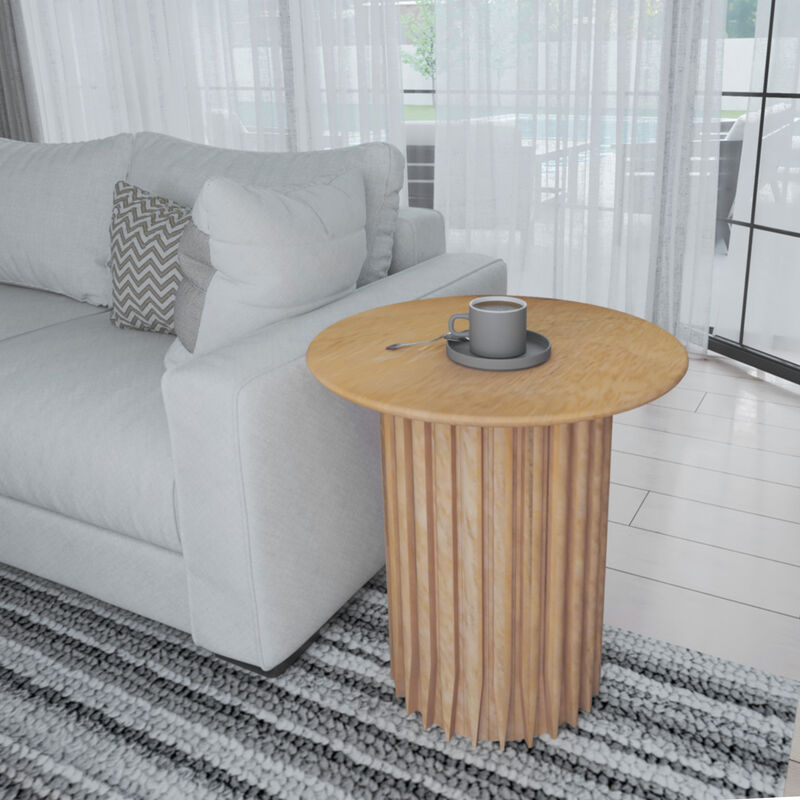 Sejo Side End Table, 20 Inch Round Top with Fluted Base in Natural Brown Mango Wood - Benzara