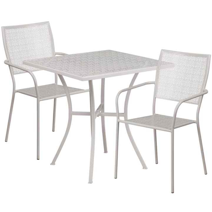 Flash Furniture Commercial Grade 28" Square Light Gray Indoor-Outdoor Steel Patio Table Set with 2 Square Back Chairs