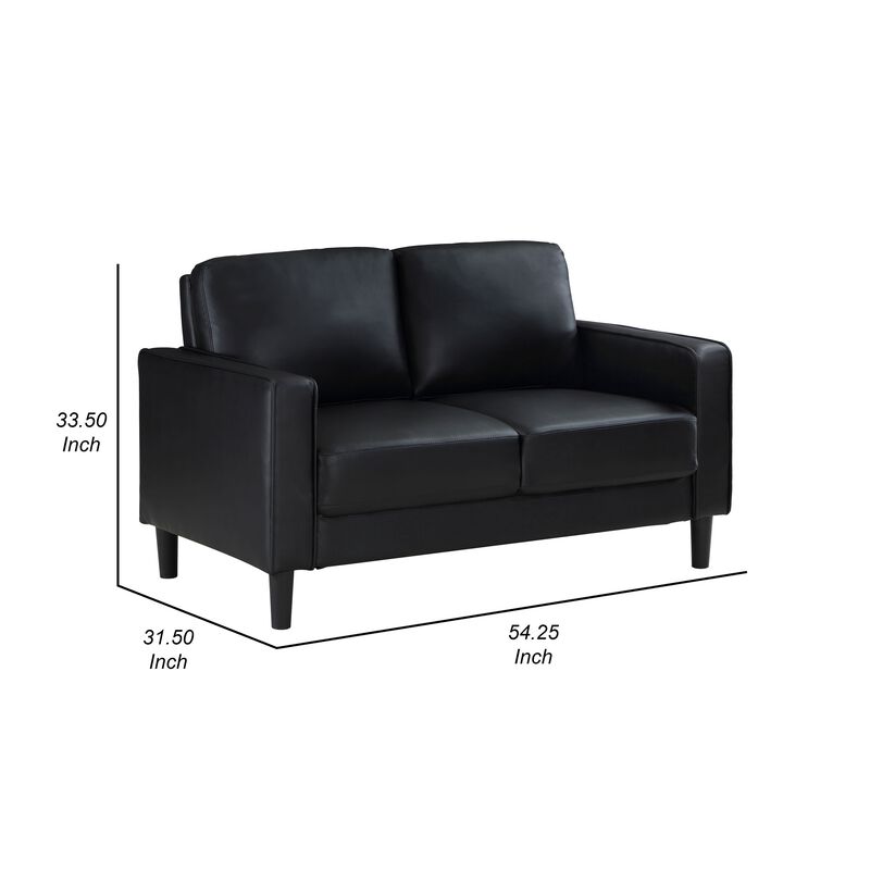 Rumi Loveseat, Black Faux Leather, Modern Track Style Arms, Foam, 54 Inch - Benzara