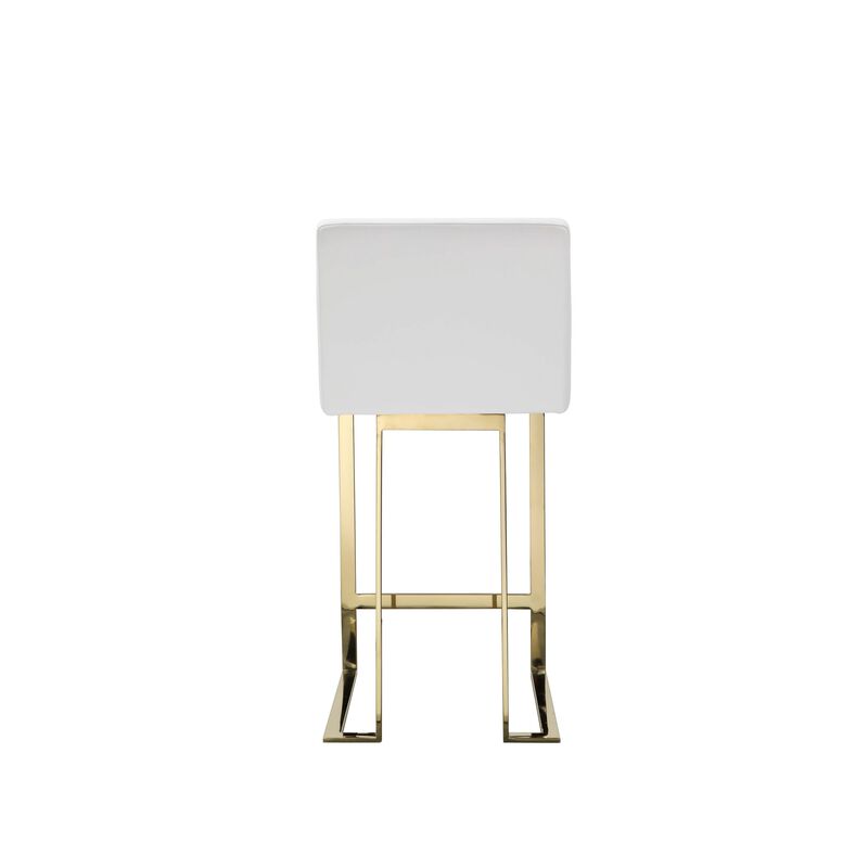 Boly 26 Inch Counter Stool, Cushioned White Faux Leather, Gold Cantilever - Benzara