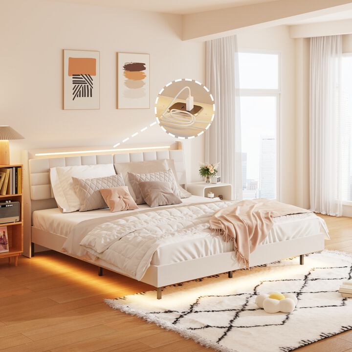 MONDAWE King Floating Bed Frame with LED Light and Charging Station with Headboard and Hidden Storage Space