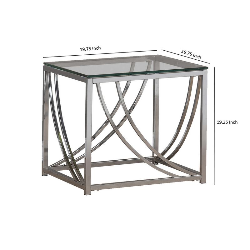 Tempered Glass Top End Table with Metal Tubular Legs, Chrome and Clear-Benzara