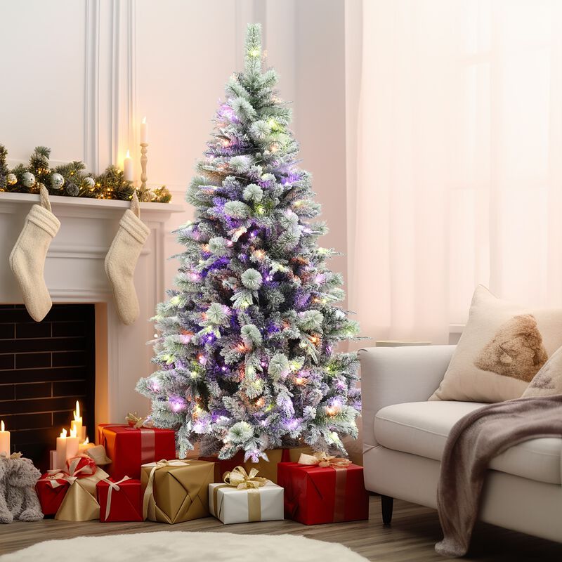 LuxenHome 6Ft Pre-Lit Full Artificial Snow-Flocked Christmas Tree, Multi Light Operations and Colors