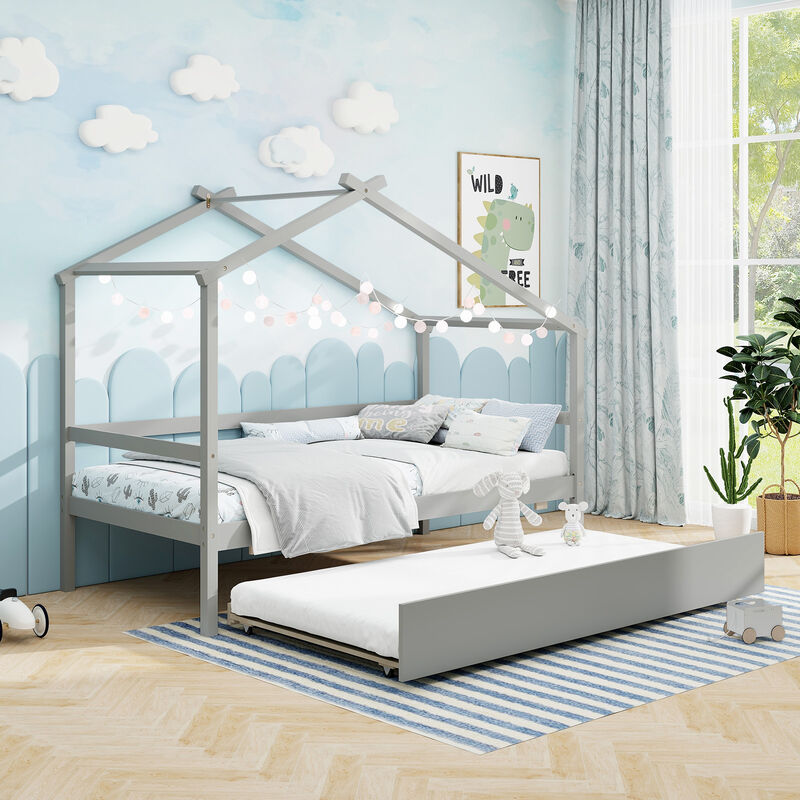 Kids Twin Size House Bed with Trundle and Roof Fun and Functional Sleep Space