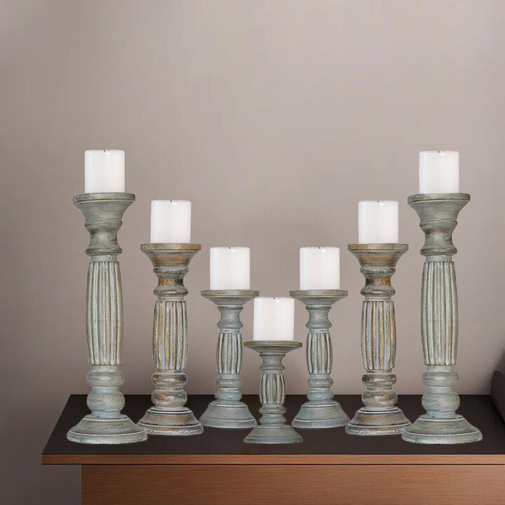 Traditional Antique Dusk Eco-friendly Handmade Mango Wood Set Of Seven 15",12",9",6",9",12" & 15" Pillar Candle Holder