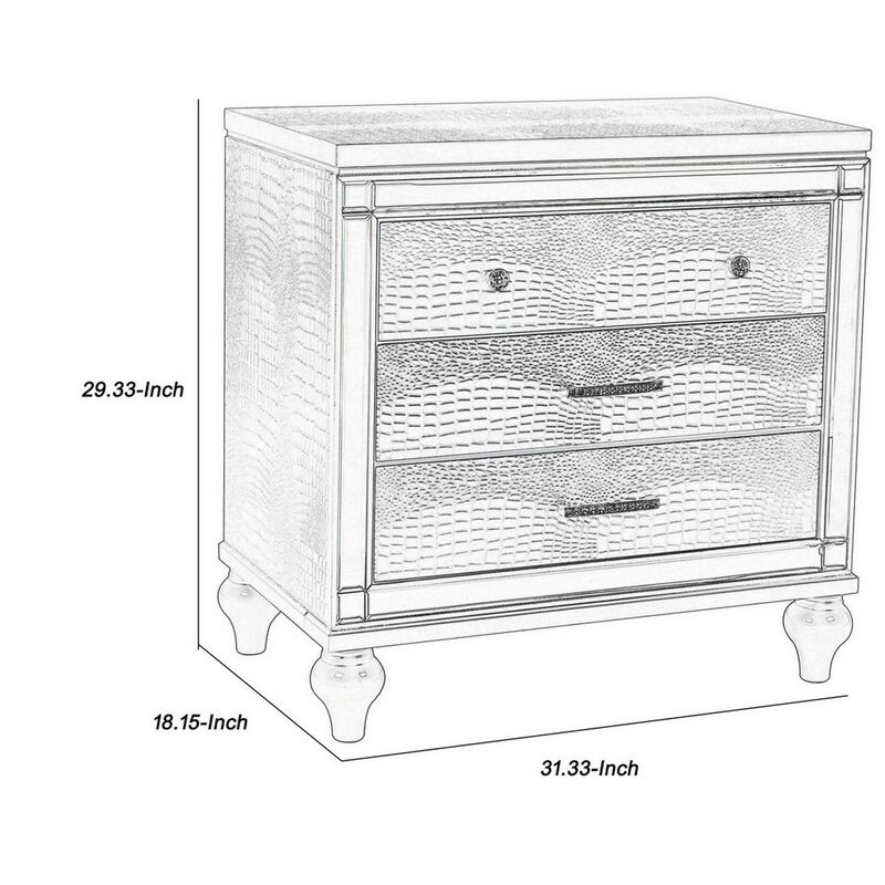 3 Drawer Wooden Nightstand with Mirror Accents and Faux Crystal Pulls, Gray - Benzara
