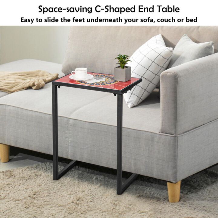 Hivvago C-shaped Waterproof Outdoor Side End Table with Ceramic Top