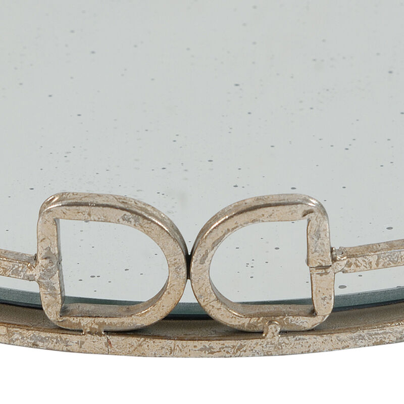 Sui 16 Inch Round Serving Tray, Mirrored Silver Geometric Frame, Medium-Benzara