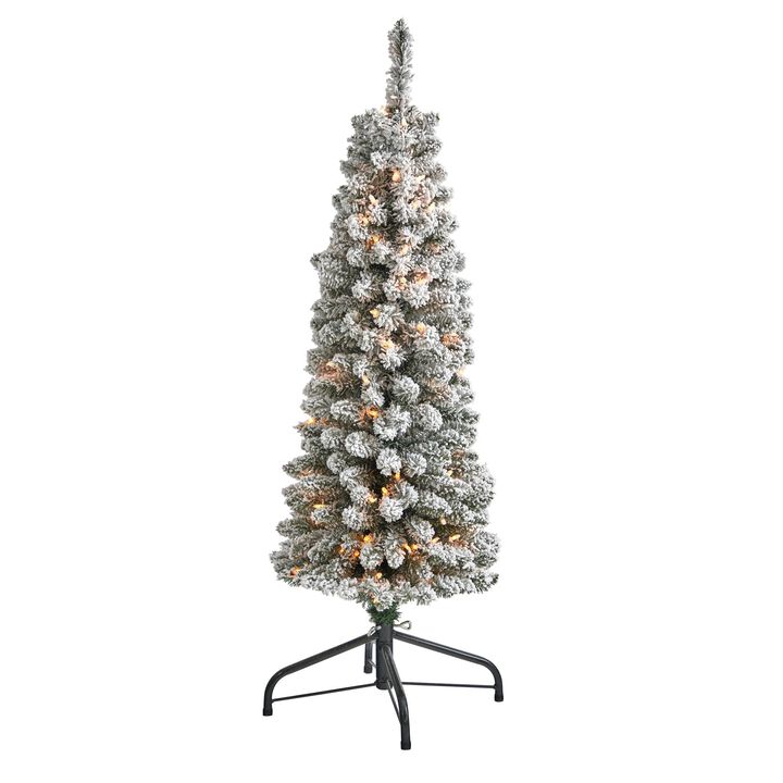 Nearly Natural Flocked Pencil Artificial Christmas Tree with Clear Lights and Bendable Branches