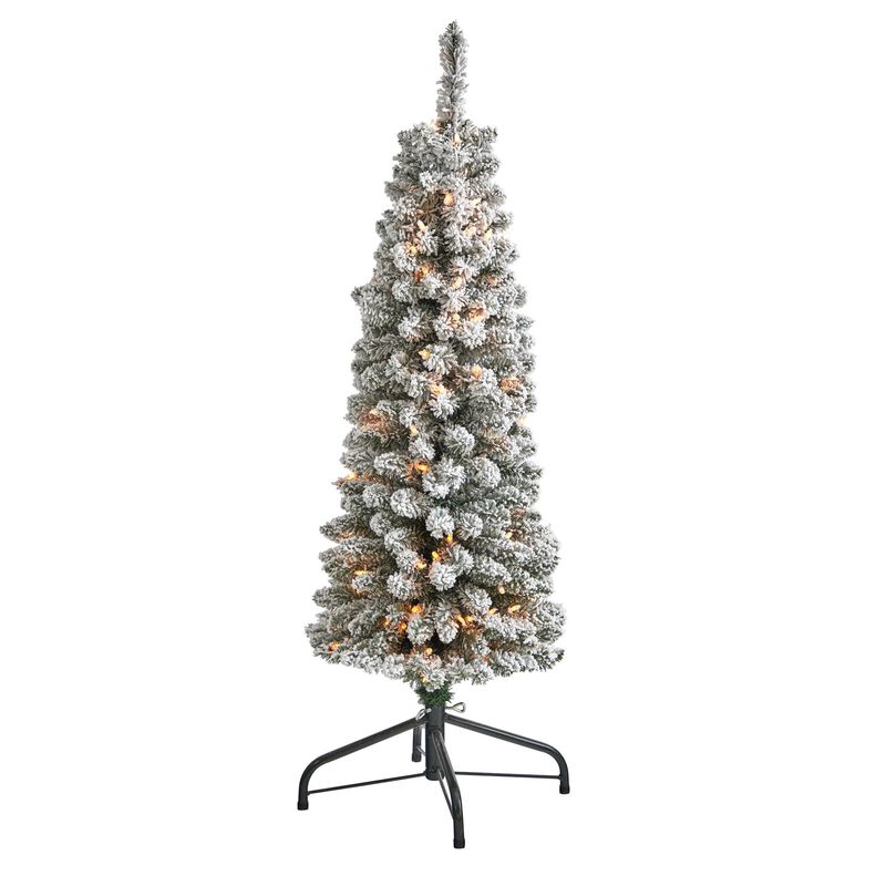 Nearly Natural Flocked Pencil Artificial Christmas Tree with Clear Lights and Bendable Branches