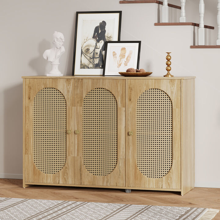 Clihome Retro 3-Door Sideboard with Large Storage Space Artificial Rattan Doors and Metal Handles, Accent Cabinet for Living Room and Hallway (Natural Wood)