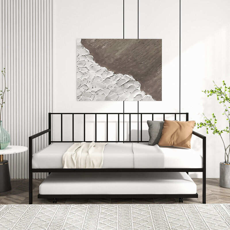 Twin Daybed Set with Metal Slat Support and Roll-Out Trundle