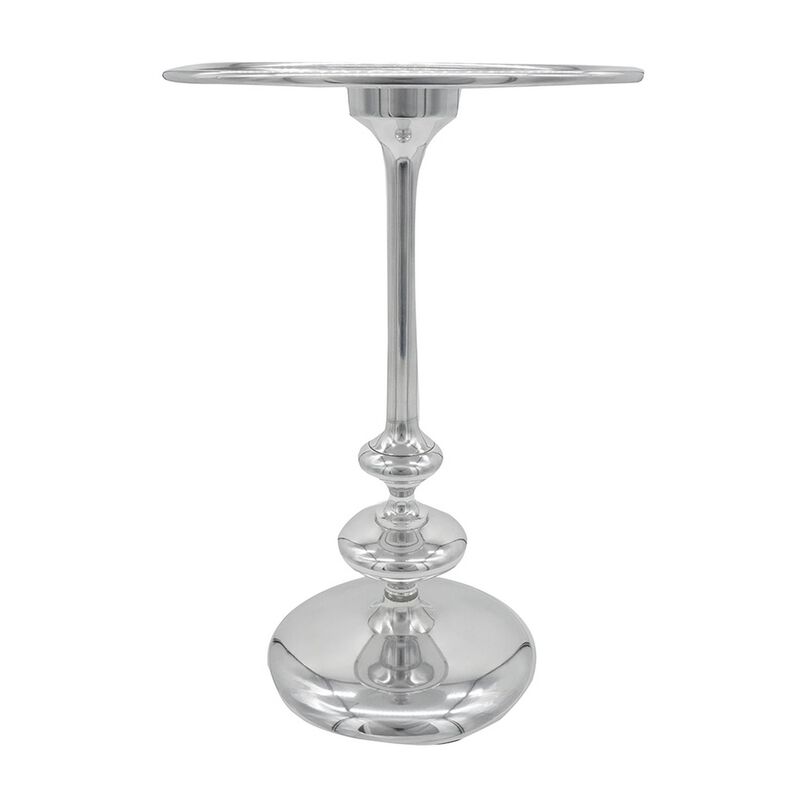 23 Inch Modern Aluminum Side Table, Round Tabletop and Base, Carved, Silver - Benzara