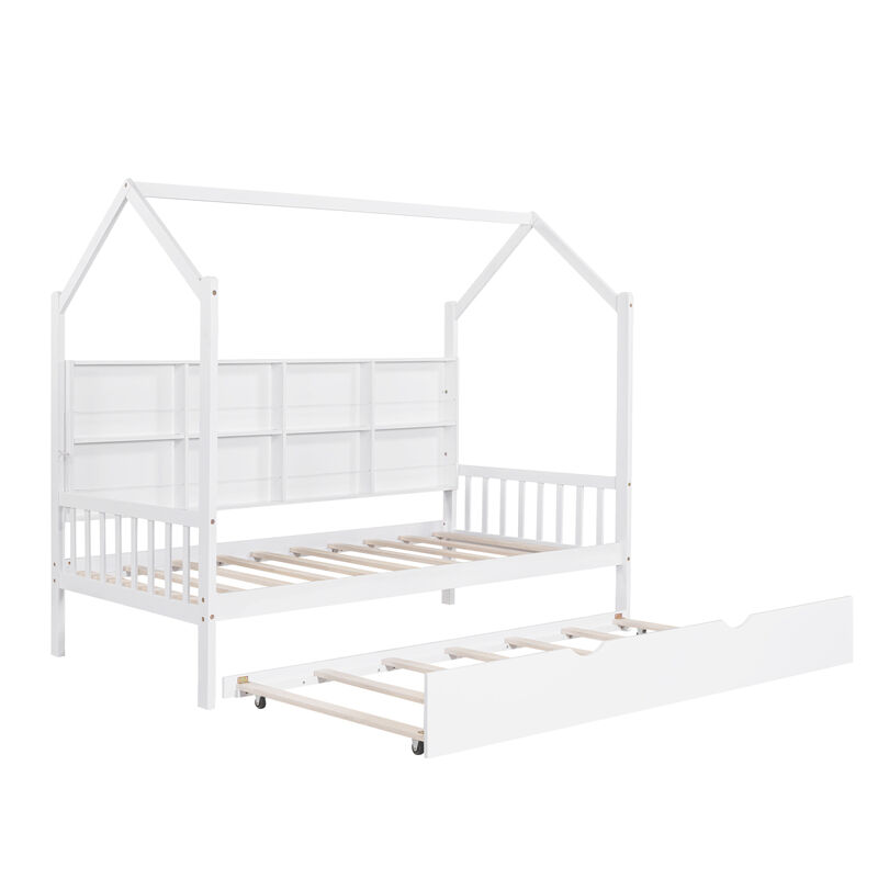 Wooden Twin Size House Bed With Trundle, Kids Bed With Shelf, White