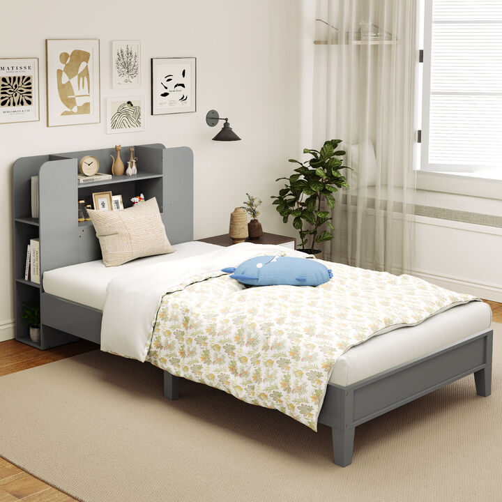 Wooden Platform Bed Frame with Bookcase Headboard