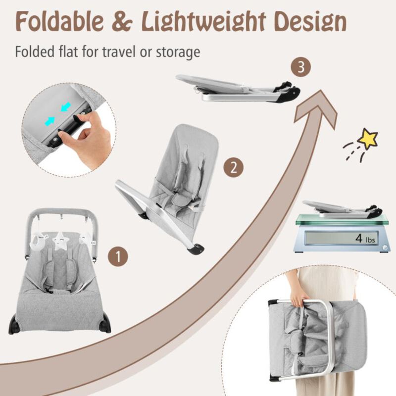 Hivvago Foldable Baby Bouncer with Removable Fabric Cover and Toy Bar-Gray