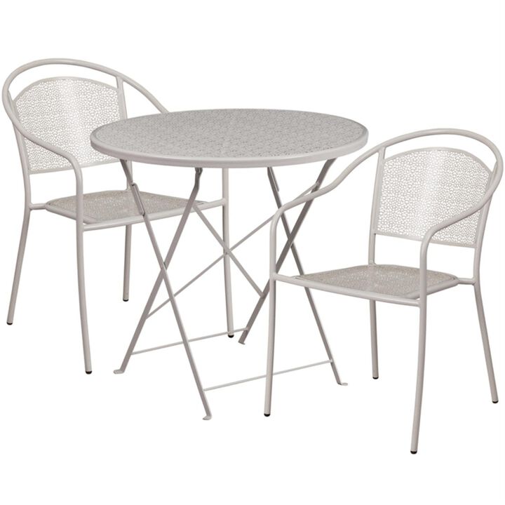 Flash Furniture Commercial Grade 30" Round Light Gray Indoor-Outdoor Steel Folding Patio Table Set with 2 Round Back Chairs